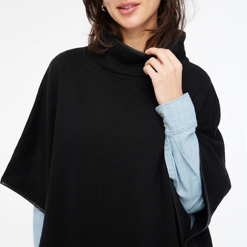 Faux leather-trimmed poncho