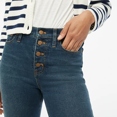Petite high-rise flare crop jean with button fly in all-day stretch