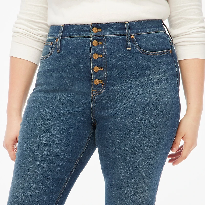 Petite high-rise flare crop jean with button fly in all-day stretch