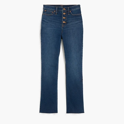 Petite high-rise flare crop jean with button fly in all-day stretch