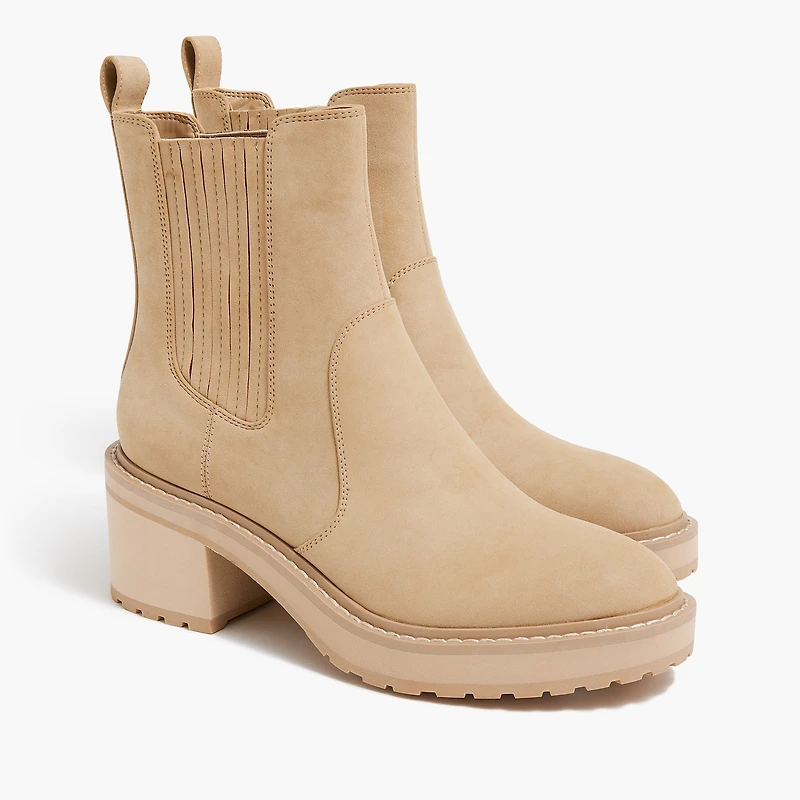 Nubuck lug-sole heeled Chelsea booties