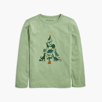 Boys' long-sleeve dinosaur Christmas tree graphic tee