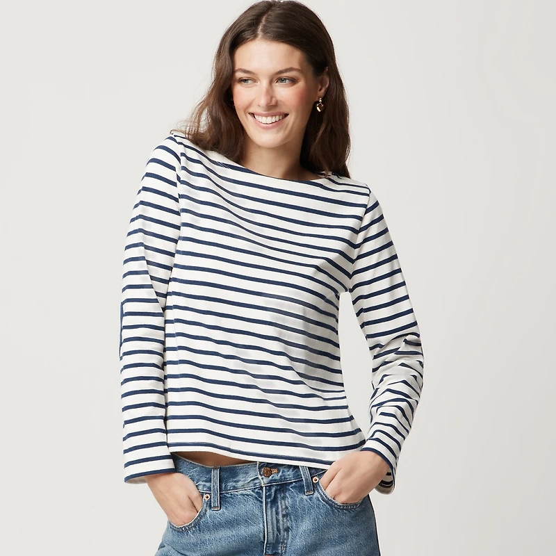 Boatneck striped top with heart elbow patches