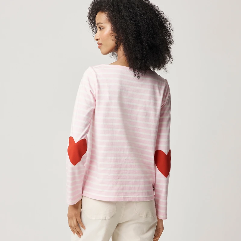 Boatneck striped top with heart elbow patches