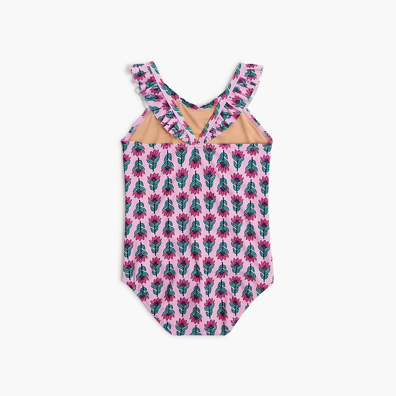 Girls' floral one-piece ruffle-sleeve swimsuit