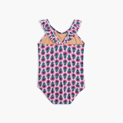 Girls' floral one-piece ruffle-sleeve swimsuit