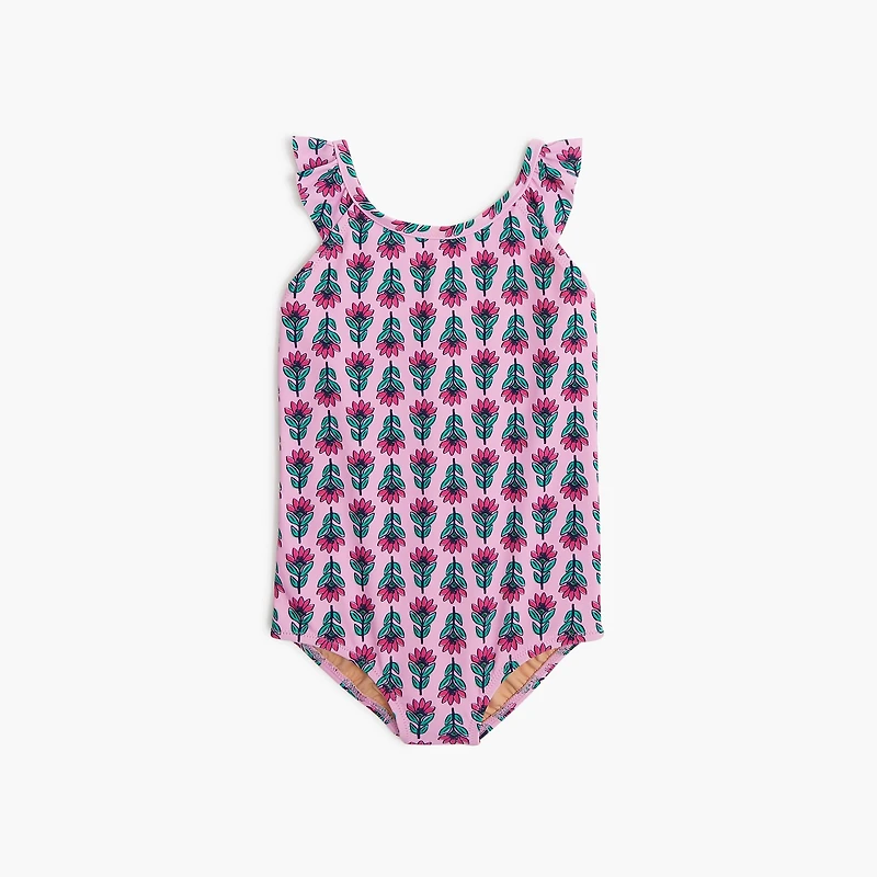 Girls' floral one-piece ruffle-sleeve swimsuit