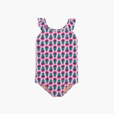 Girls' floral one-piece ruffle-sleeve swimsuit