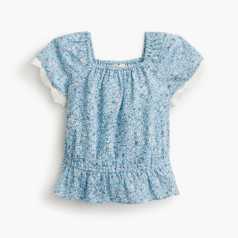 Girls' floral lace-trim peplum top