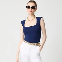 Cap-sleeve stretch cotton-blend squareneck tank top