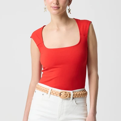 Cap-sleeve stretch cotton-blend squareneck tank top