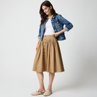 Pleated button-front midi skirt