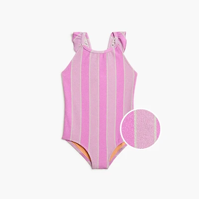 Girls' shimmer-stripe ruffle-strap one-piece swimsuit