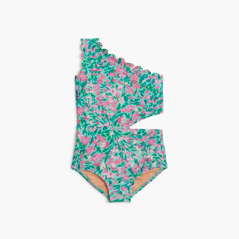 Girls' floral scalloped one-piece swimsuit