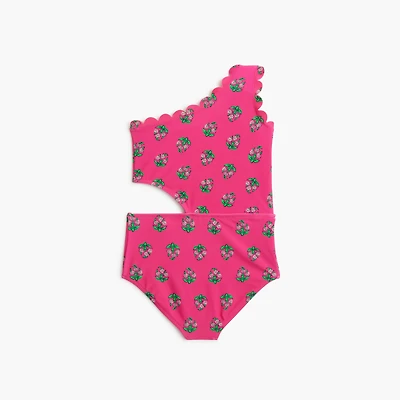 Girls' block-print scalloped one-piece swimsuit