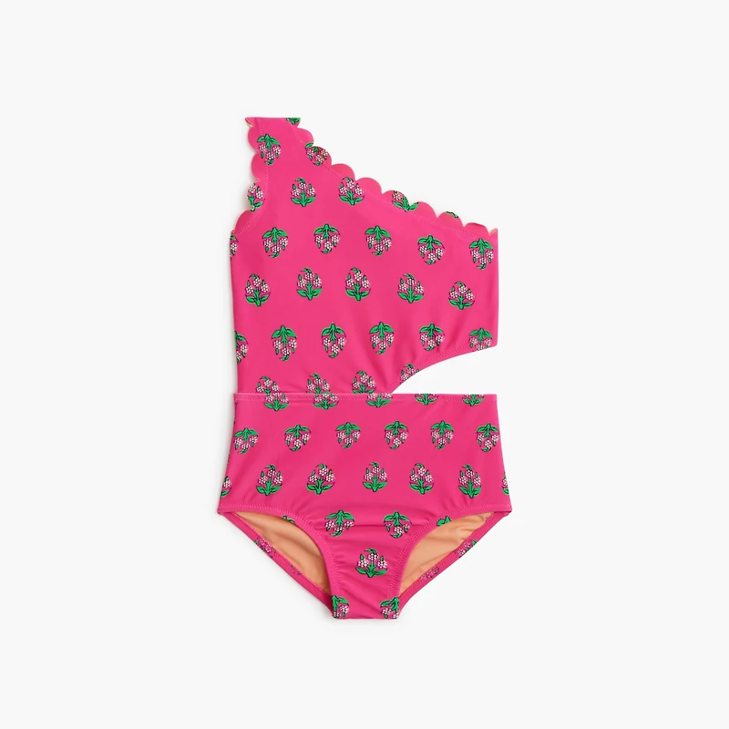 Girls' block-print scalloped one-piece swimsuit