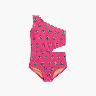 Girls' block-print scalloped one-piece swimsuit