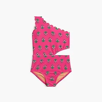 Girls' block-print scalloped one-piece swimsuit
