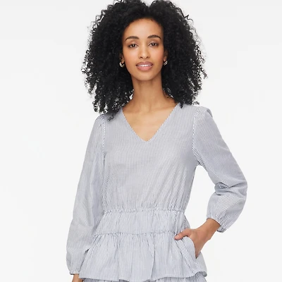 Striped long-sleeve tiered mini dress