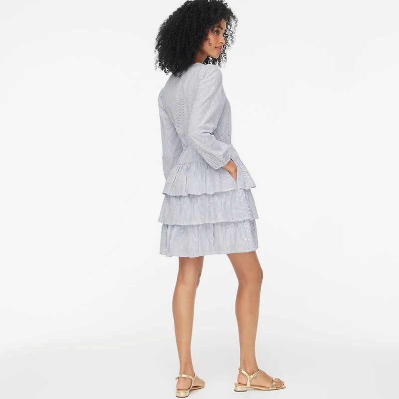 Striped long-sleeve tiered mini dress