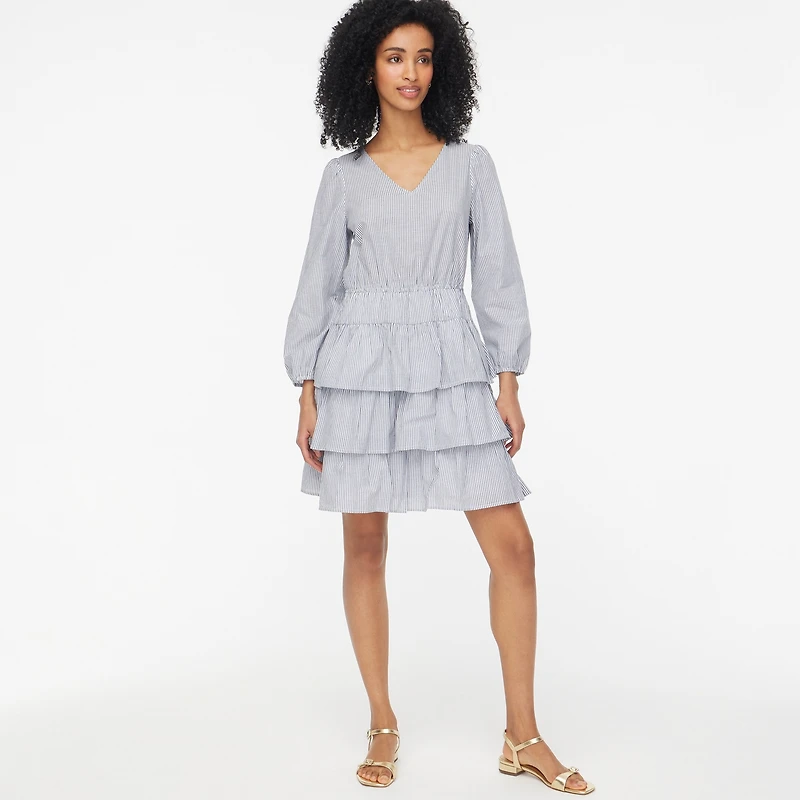Striped long-sleeve tiered mini dress