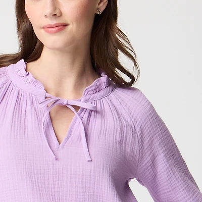 Long-sleeve gauze tie-neck top