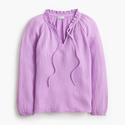 Long-sleeve gauze tie-neck top