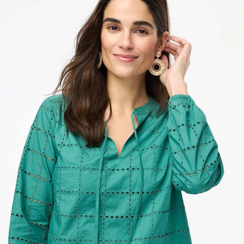 Long-sleeve eyelet tie-neck top