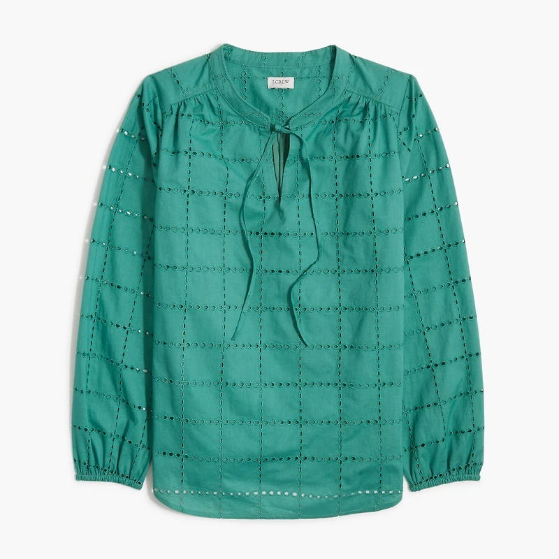 Long-sleeve eyelet tie-neck top