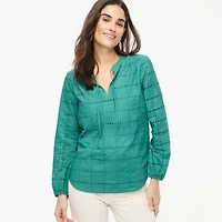 Long-sleeve eyelet tie-neck top
