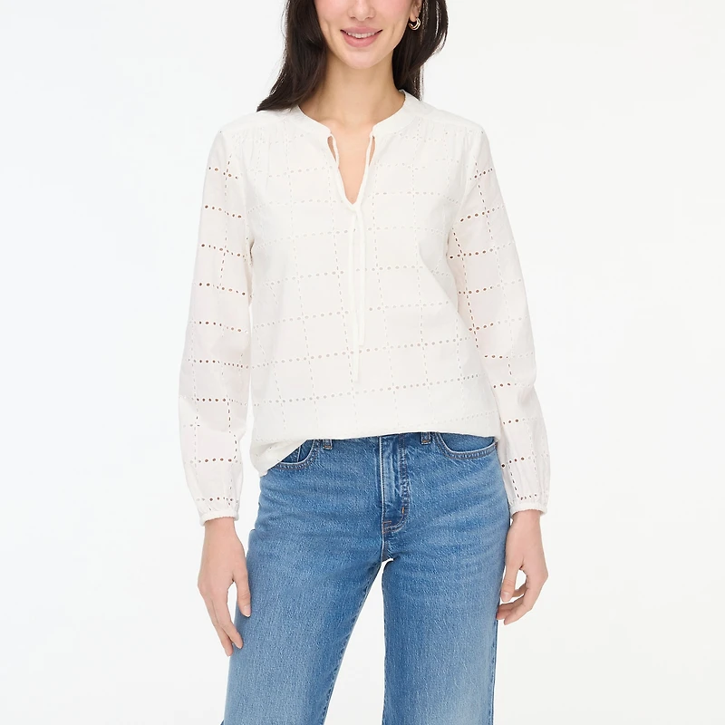 Long-sleeve eyelet tie-neck top