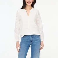 Long-sleeve eyelet tie-neck top