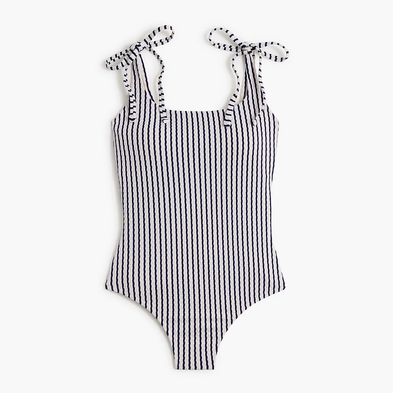 Striped tie-shoulder one-piece swimsuit
