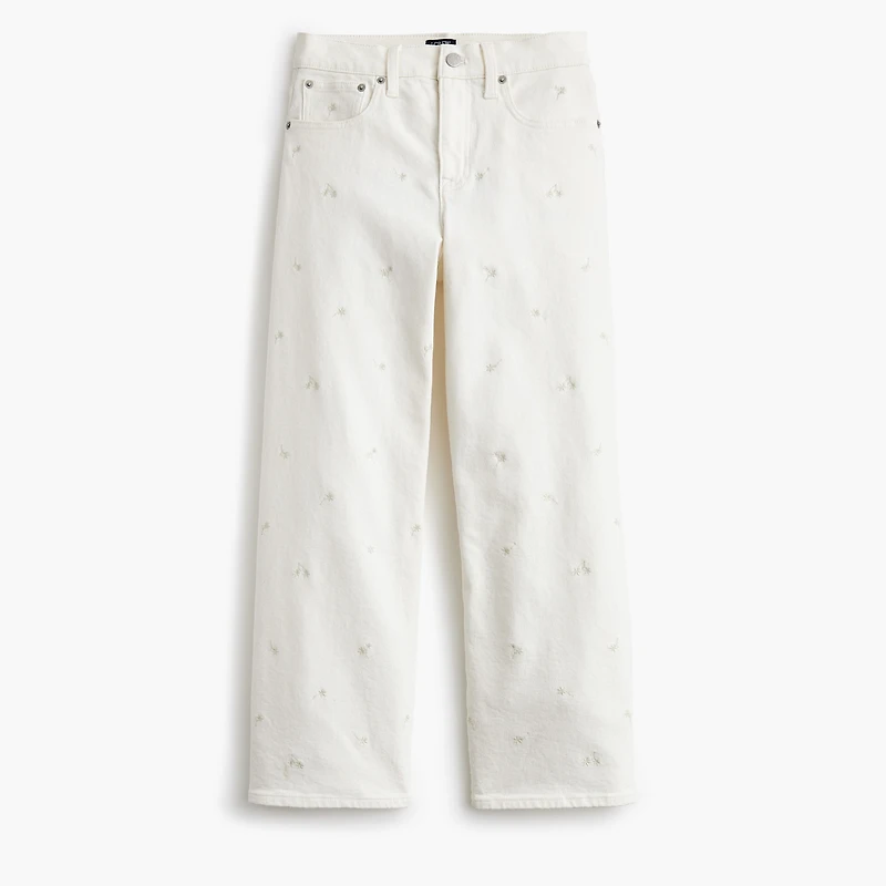 Wide-leg embroidered cropped jean