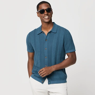 Cable button-front sweater-polo