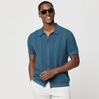 Cable button-front sweater-polo