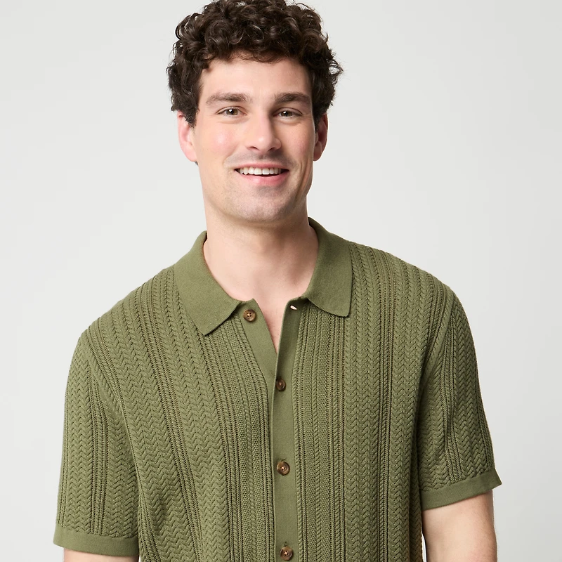 Cable button-front sweater-polo