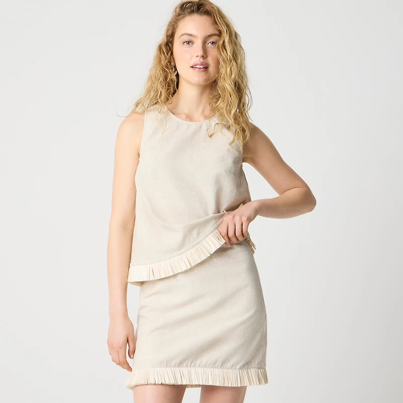 Straw-trim linen-blend skirt