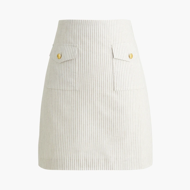 Striped linen-blend patch-pocket skirt
