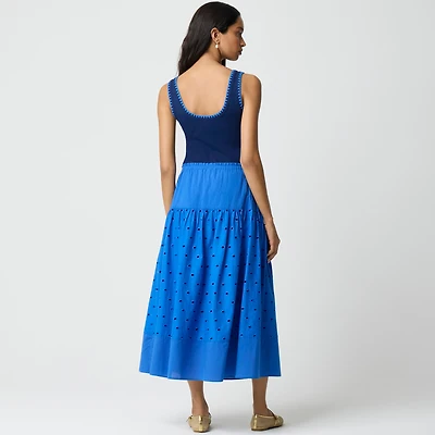 Drop-waist eyelet midi skirt