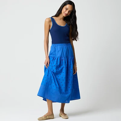 Drop-waist eyelet midi skirt