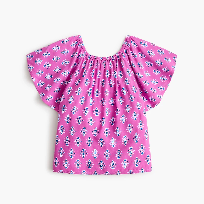 Girls' block-print flutter-sleeve top
