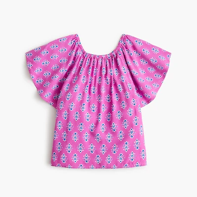 Girls' block-print flutter-sleeve top