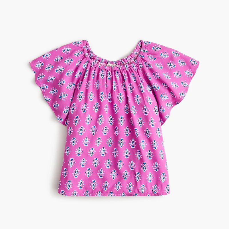 Girls' block-print flutter-sleeve top