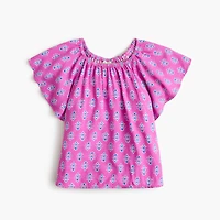 Girls' block-print flutter-sleeve top