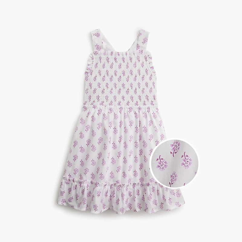 Girls' block-print smocked cross-back dress