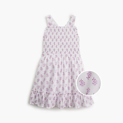 Girls' block-print smocked cross-back dress