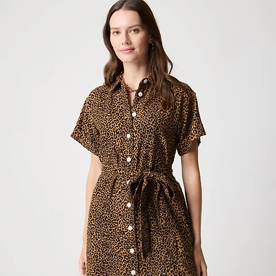 Linen-blend belted mini shirt-dress