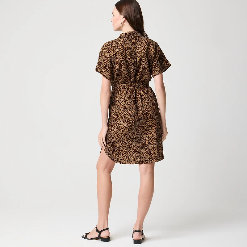 Linen-blend belted mini shirt-dress