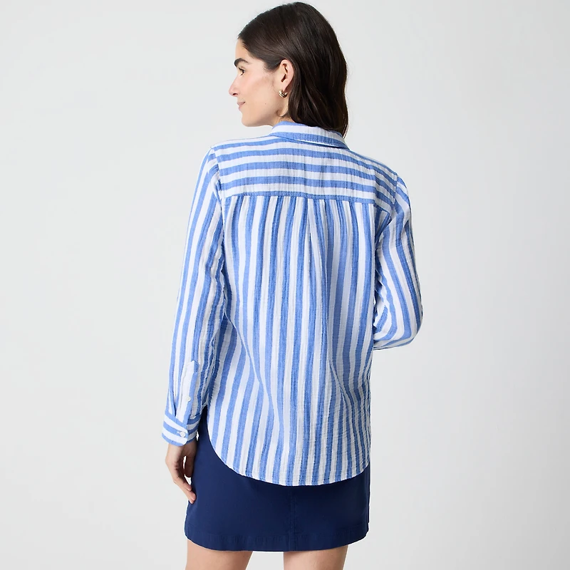 Striped gauze button-up shirt